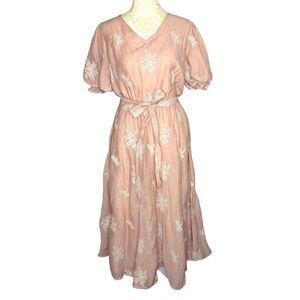 Orange Creek Midi Dress Fit Flare Embroidered Puff Sleeve Blush Peach S bv